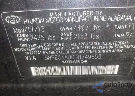 2013 Hyundai Sonata Se 2.0T from USA, damaged, VIN 5NPEC4AB0DH749653